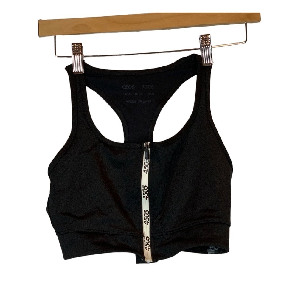 ASOS 4505 Mid Impact Sports Bra with Rubberized Zip Front and Graphic